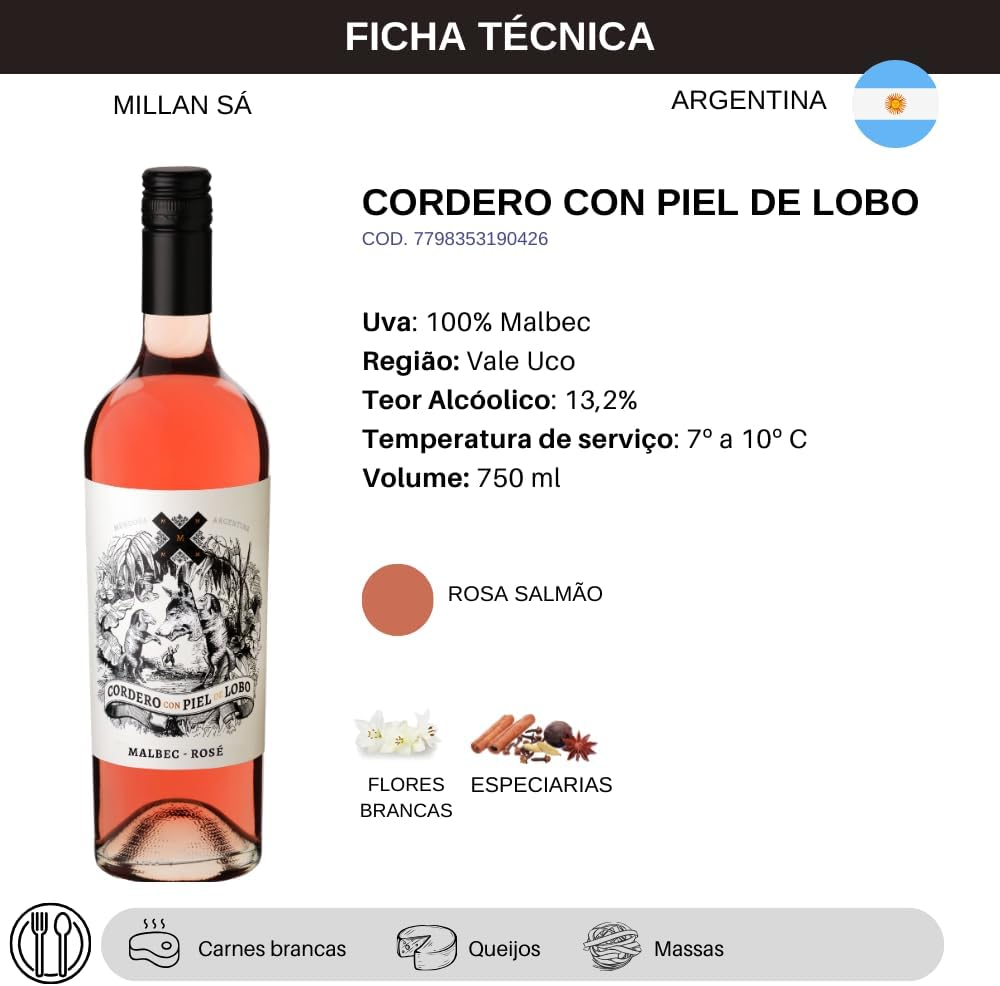 Vinho Rosé Argentino Cordero Con Piel de Lobo Malbec 750ml - Imagem 4